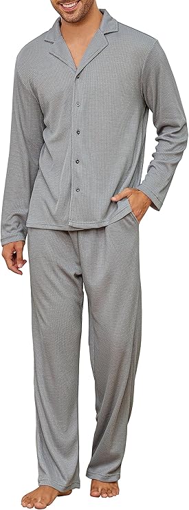 Andeip Men's Pajama Set Waffle Knit Lounge Pjs Set Long Sleeve Top and Pants Sleepwear 2 Piece Soft Button Down Loungewear
